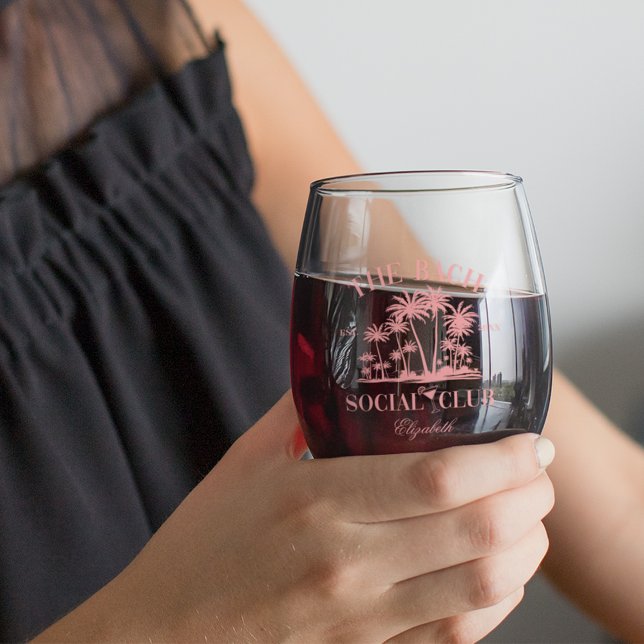 Peach Beach Social Club Bachelorette Party Stemless Wine Glass (Creator Uploaded)