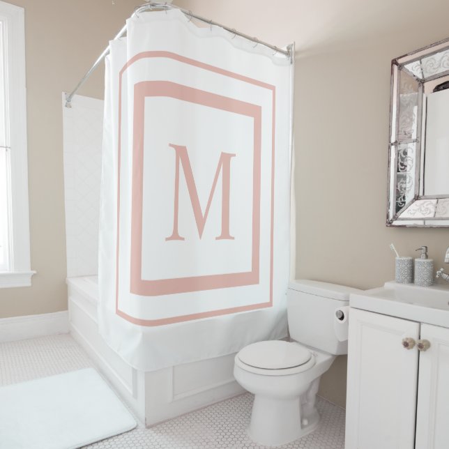 Peach Beige and white  square border monogram Shower Curtain (In Situ)