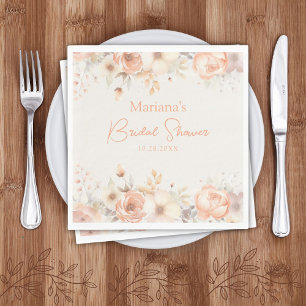 Peach Beige Floral on Ivory Bridal Shower Napkin