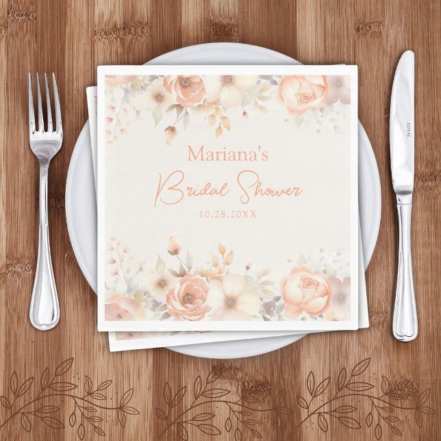 Peach Beige Floral on Ivory Bridal Shower Napkin (Creator Uploaded)