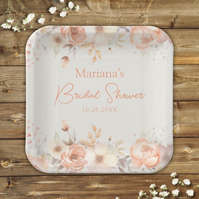 Peach Beige Floral on Ivory Bridal Shower Paper Plate (Creator Uploaded)