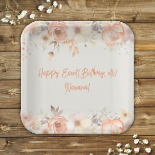 Peach Beige Flowers Floral Party Paper Plate