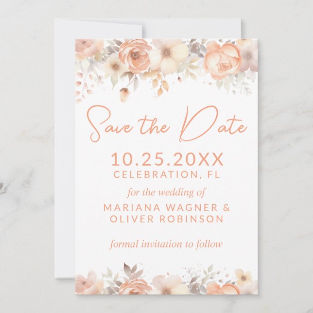 Peach Beige Flowers on White Save the Date Card (Front)