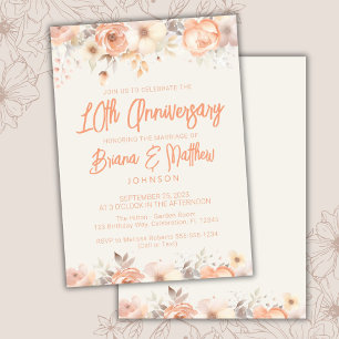 Peach Beige Ivory Floral 10th Wedding Anniversary Invitation