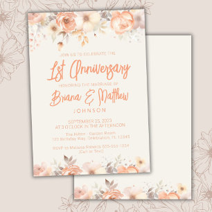 Peach Beige Ivory Floral 1st Wedding Anniversary  Invitation