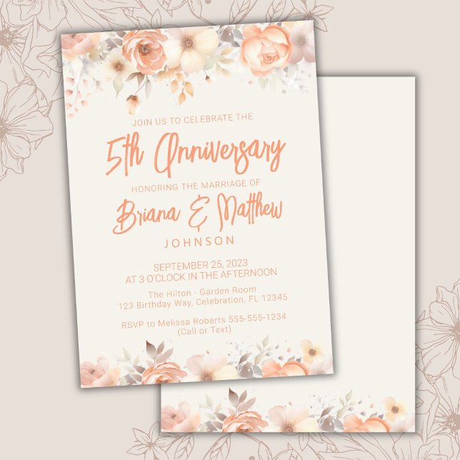 Peach Beige Ivory Floral 5th Wedding Anniversary  Invitation (Creator Uploaded)