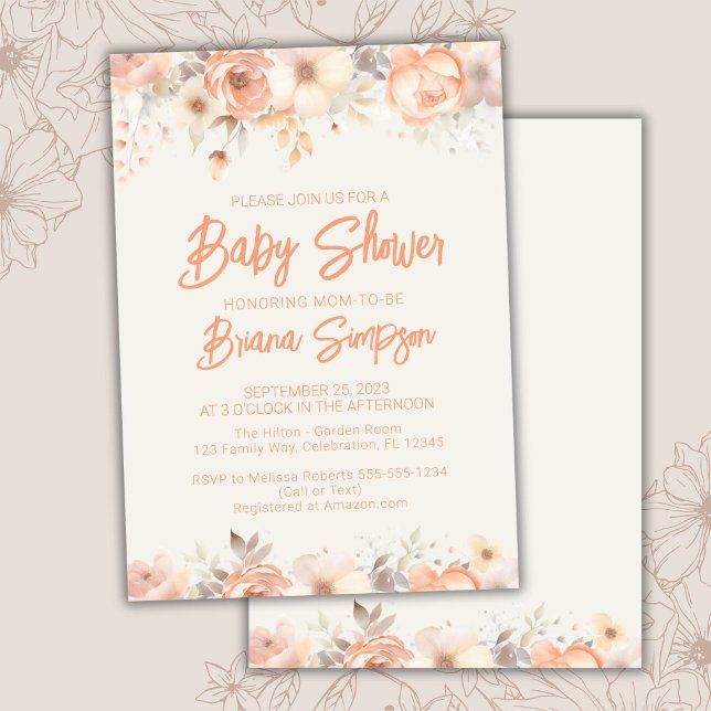 Peach Beige Ivory Flowers Floral Baby Shower Invitation (Creator Uploaded)