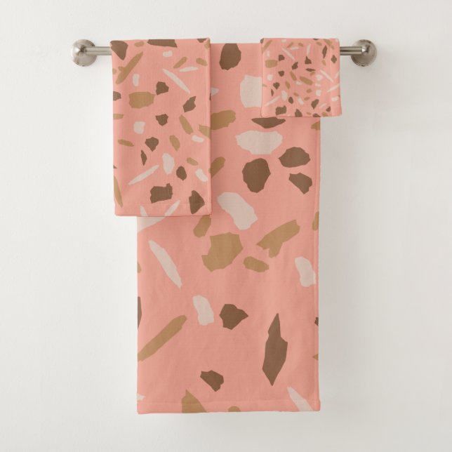 Peach Beige Tan Brown Terrazzo Marble Pattern Bath Towel Set (Insitu)