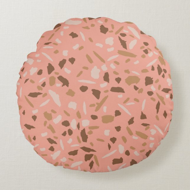Peach Beige Tan Brown Terrazzo Marble Pattern  Round Cushion (Front)