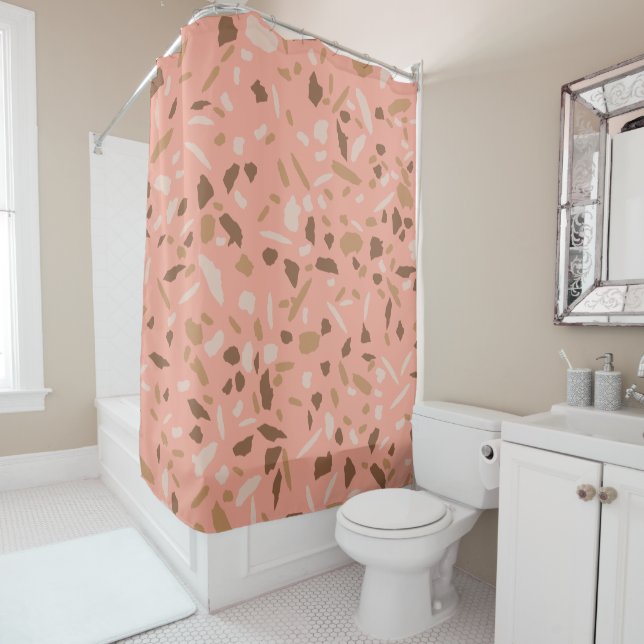 Peach Beige Tan Brown Terrazzo Marble Pattern  Shower Curtain (In Situ)