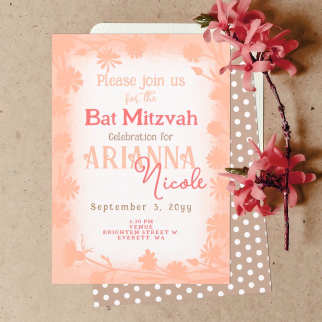Peach Beige Wild Flowers Polka Dots Bat Mitzvah Invitation (Chic Peach, Beige Floral, Polka Dots Bat Mitzvah Invitation, Stylish Script Writing, Wild Flowers)