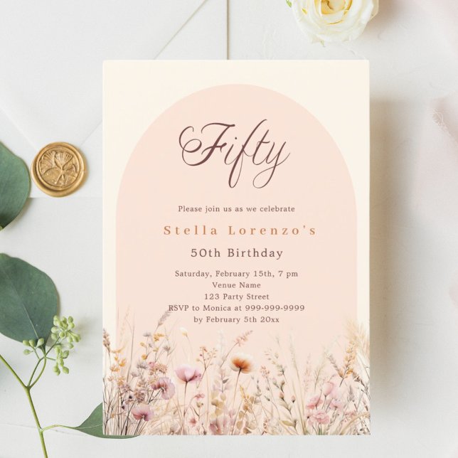 Peach beige wildflower florals 50th birthday invitation (Creator Uploaded)