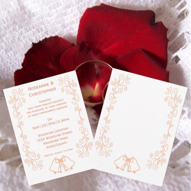 Peach Bells Scrollwork Design Wedding Invitation (Peach wedding invitation bells and scrollwork design)