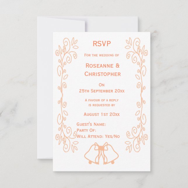 Peach Bells Scrollwork Design Wedding RSVP Card (Front)
