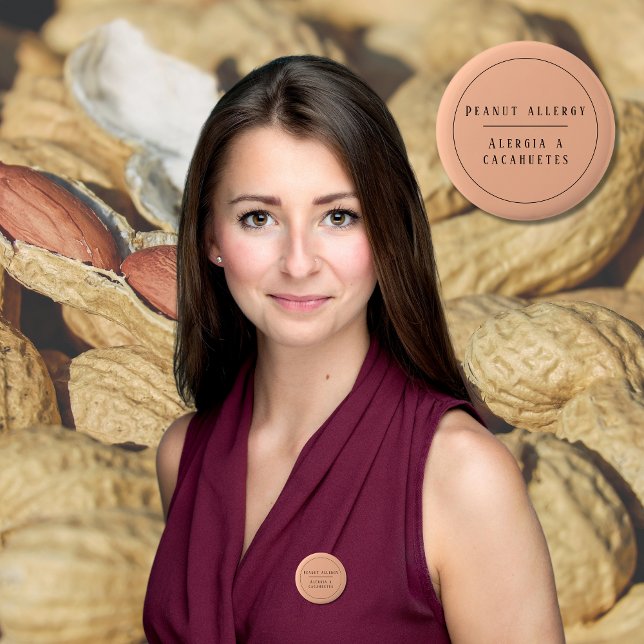 Peach Bilingual Peanut Allergy Alert Spanish 6 Cm Round Badge (Bilingual Peanut allergy warning button, Spanish text, editable. multilingual project)