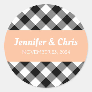 Peach Black and White Buffalo Plaid Wedding Classic Round Sticker
