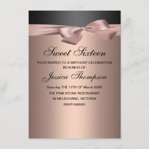 Peach & Black Bow Sweet 16 Birthday Invitation