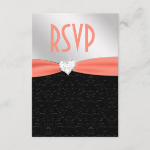 Peach Black Floral Damask Diamond Heart RSVP Card