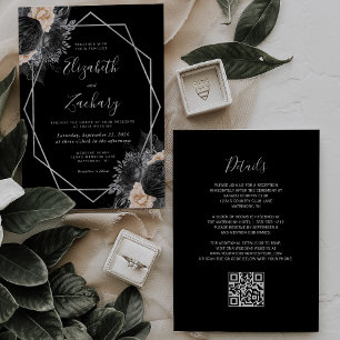 Peach Black Floral Silver Frame QR Code Wedding Invitation