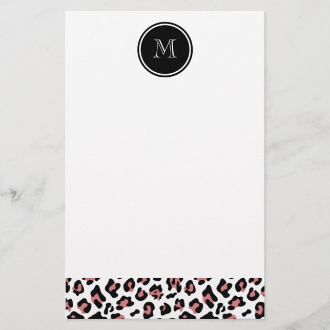 Peach Black Leopard Animal Print with Monogram Stationery (Front)