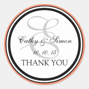 Peach Black Monogram E Wedding Thank You Classic Round Sticker