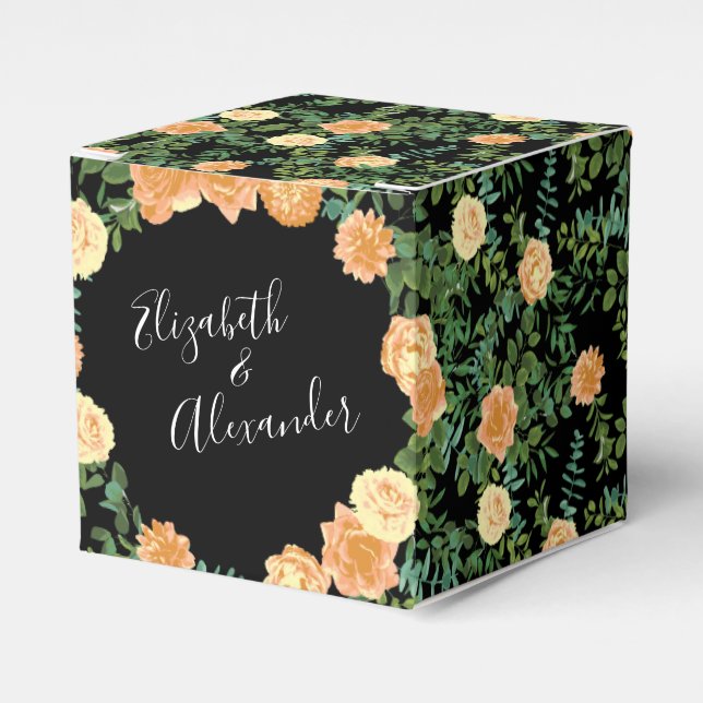Peach & Black Peony & Rose Floral Wedding Favour Box (Front Side)