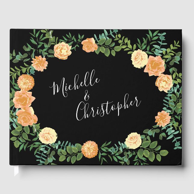 Peach & Black Peony & Rose Floral Wedding Guest Book (Front)
