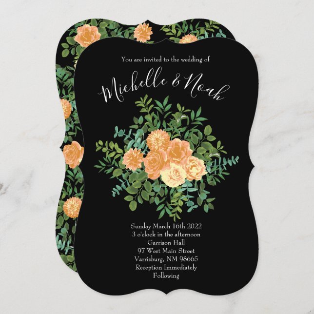 Peach & Black Peony & Rose Floral Wedding Invitation (Front/Back)