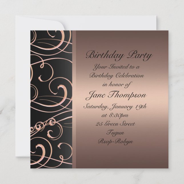 Peach/Black Swirl Side Border Birthday Invite (Front)