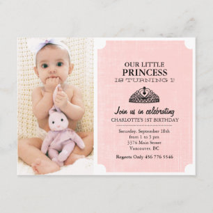 Peach & Black Tiara Photo First Birthday Invite
