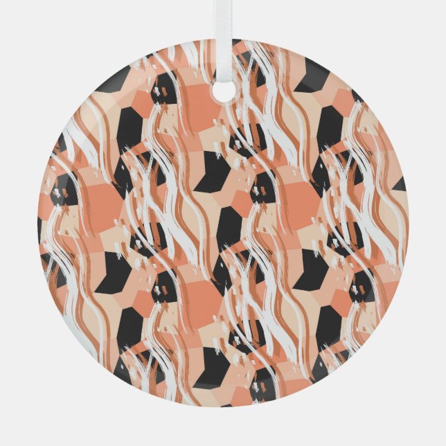 Peach Black White Abstract Pattern. Glass Tree Decoration (Front)