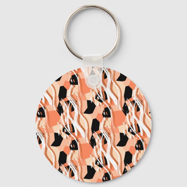 Peach Black White Abstract Pattern. Key Ring (Front)