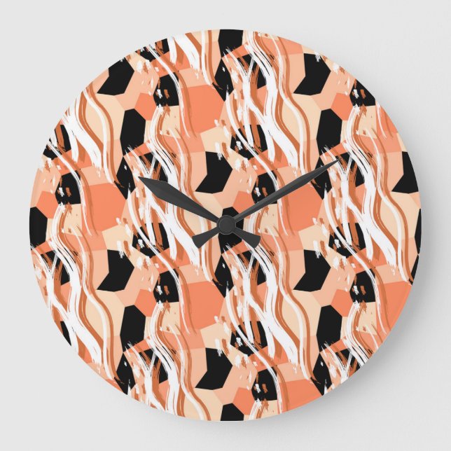 Peach Black White Abstract Pattern. Large Clock (Front)
