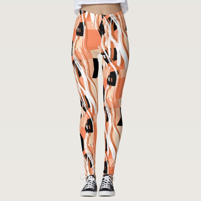 Peach Black White Abstract Pattern. Leggings (Front)