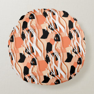 Peach Black White Abstract Pattern. Round Cushion