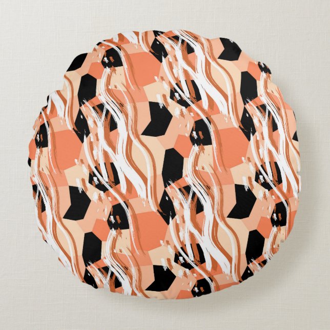 Peach Black White Abstract Pattern. Round Cushion (Front)