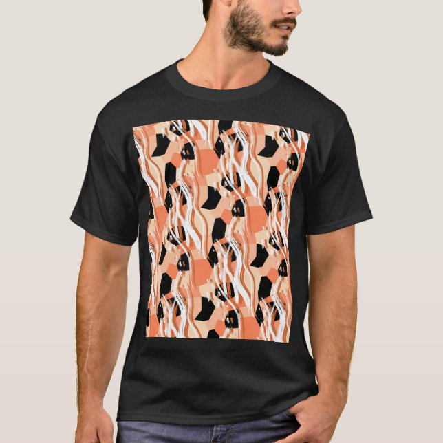 Peach Black White Abstract Pattern. T-Shirt (Front)