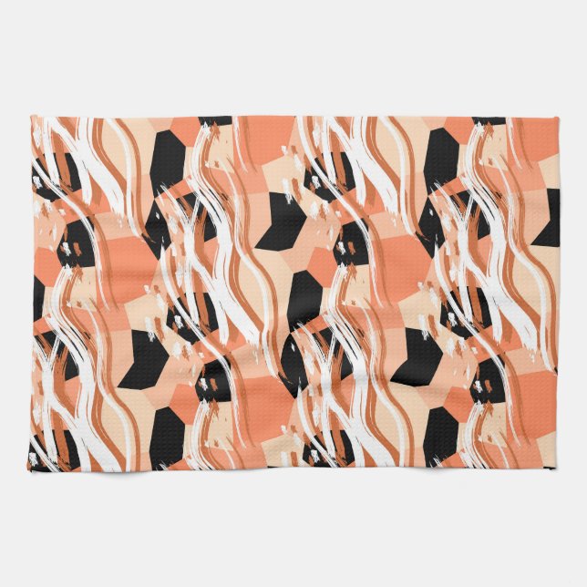 Peach Black White Abstract Pattern. Tea Towel (Horizontal)