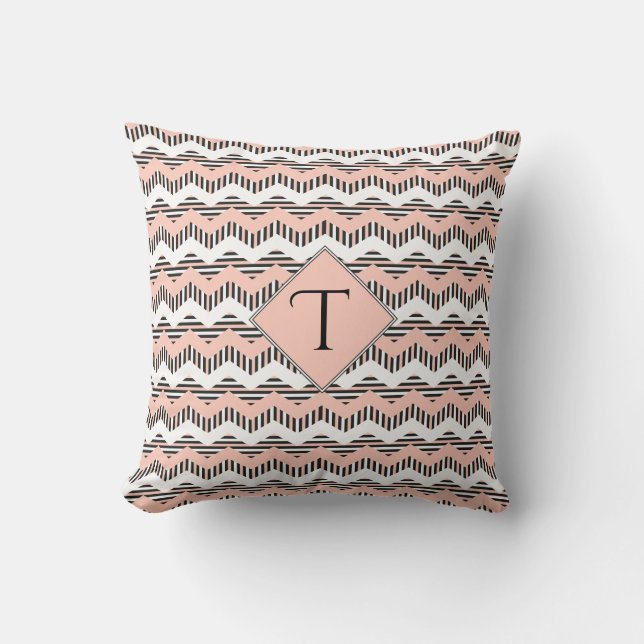 Peach, Black & White Chevron, Custom Monogram Cushion (Front)