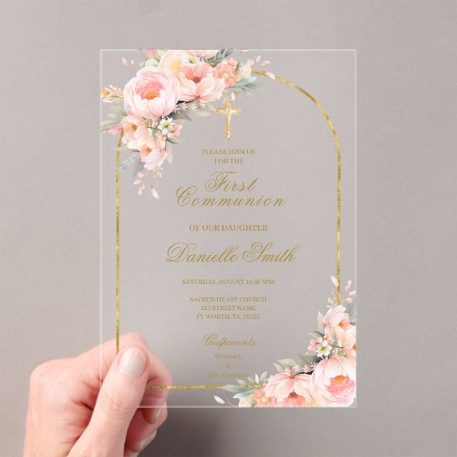 Peach blossom Floral Baptism Acrylic Invitations (Insitu (Handheld))