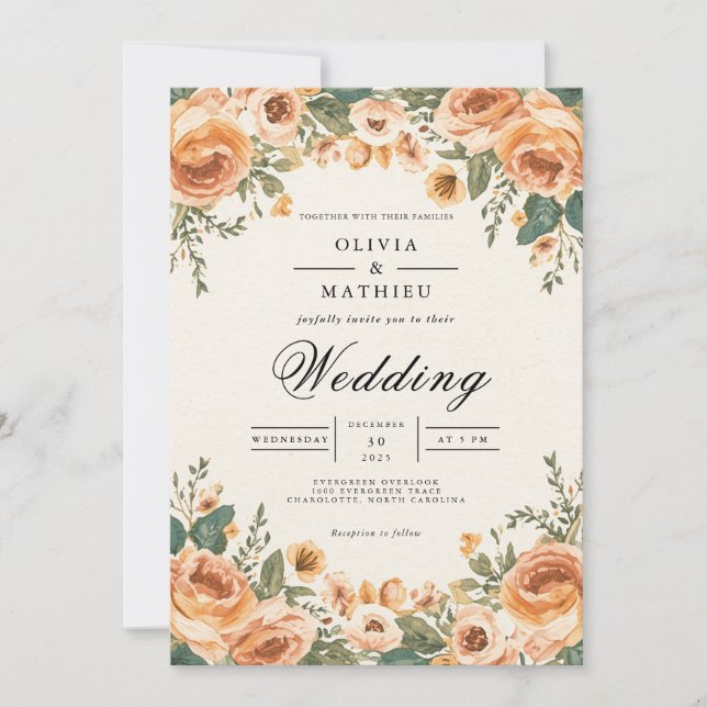 Peach Blossom Floral Frame Wedding Invitation (Front)