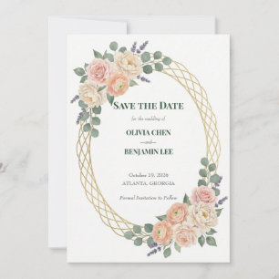 Peach Blossom & Golden Lattice Wedding Save The Date