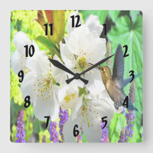 Peach Blossom Hummingbird Square Wall Clock