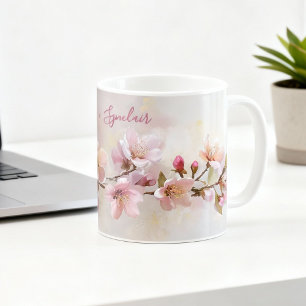 Peach Blossom Spring Floral Teacher Name Script Coffee Mug