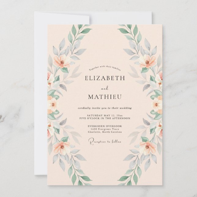 Peach Blossom Verdant Arch Wedding Invitation (Front)