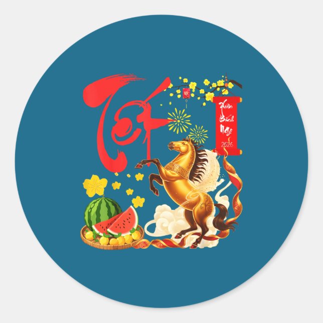 Peach Blossom Vietnamese Lunar New Year Horse 2026 Classic Round Sticker (Front)