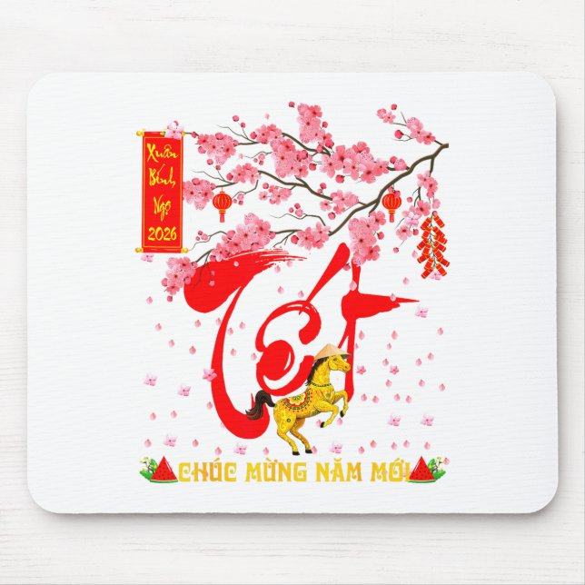 Peach Blossom Vietnamese Lunar New Year Horse 2026 Mouse Pad (Front)