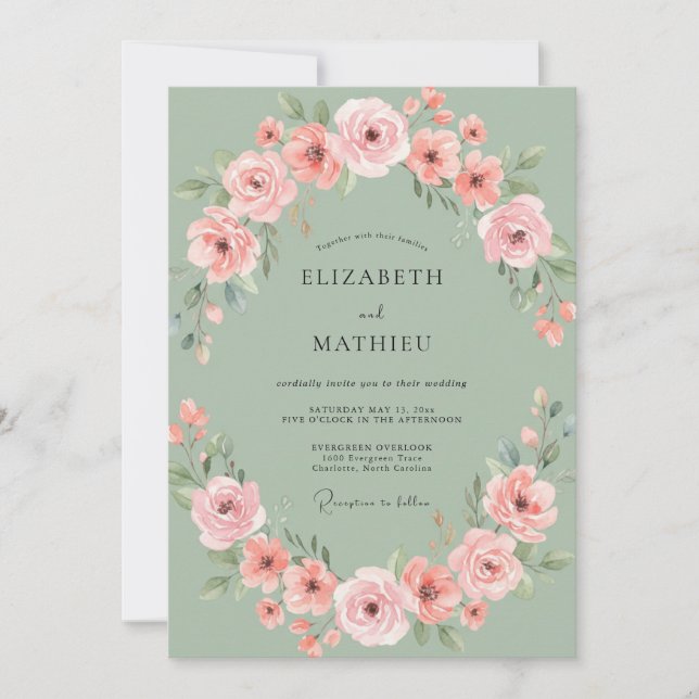 Peach Blossom Wreath Romance Wedding Invitation (Front)