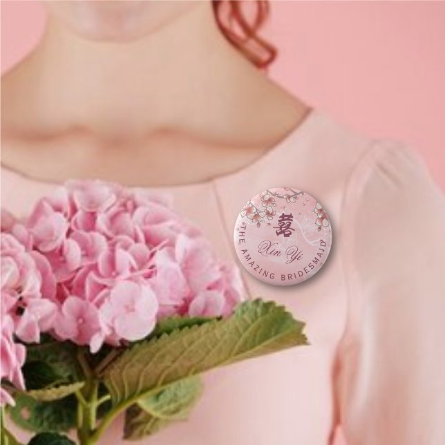 Peach Blossoms Double Happiness Chinese Wedding 6 Cm Round Badge (BRIDESMAID Pink Peach/Plum Blossoms Double Happiness Chinese Wedding Pin Button @ fatfatin_red_knot)