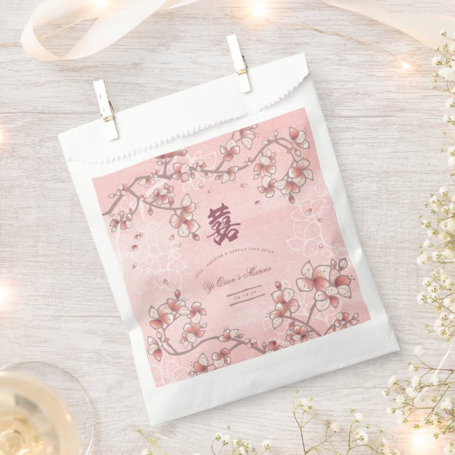 Peach Blossoms Double Happiness Chinese Wedding Favour Bag (Clipped)